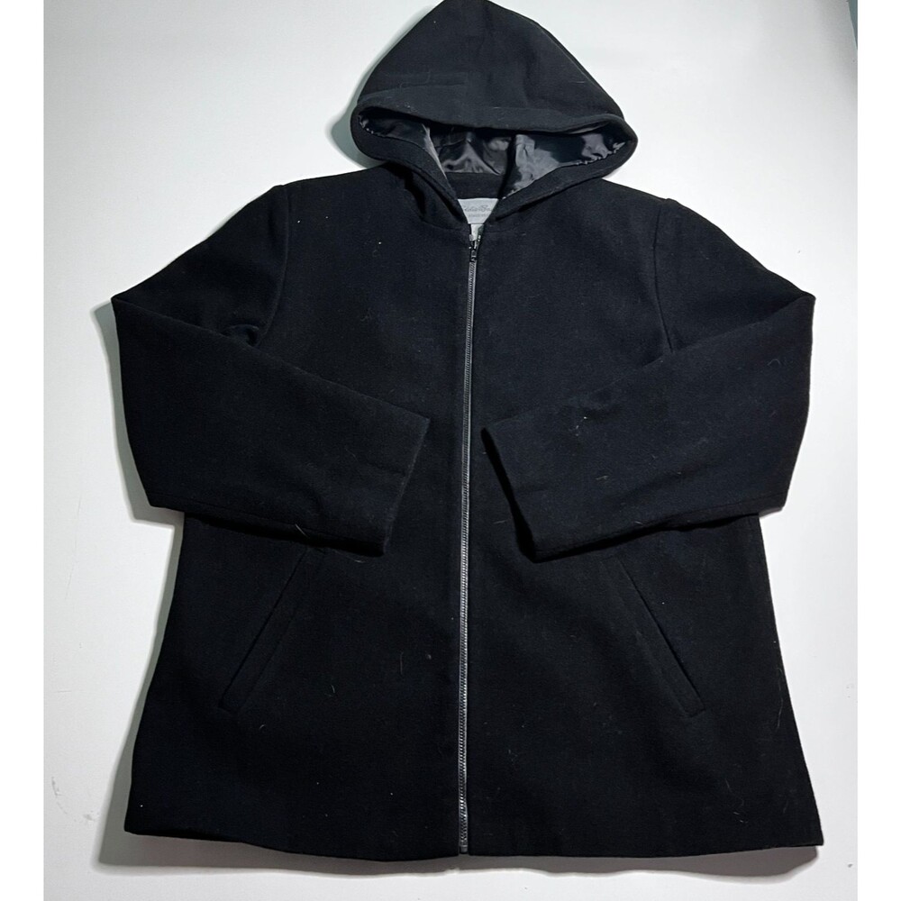 Eddie Bauer Coat Womens XL Zip Charcoal Gray/Soft Black Hood Wool Nylon Gorp Vtg